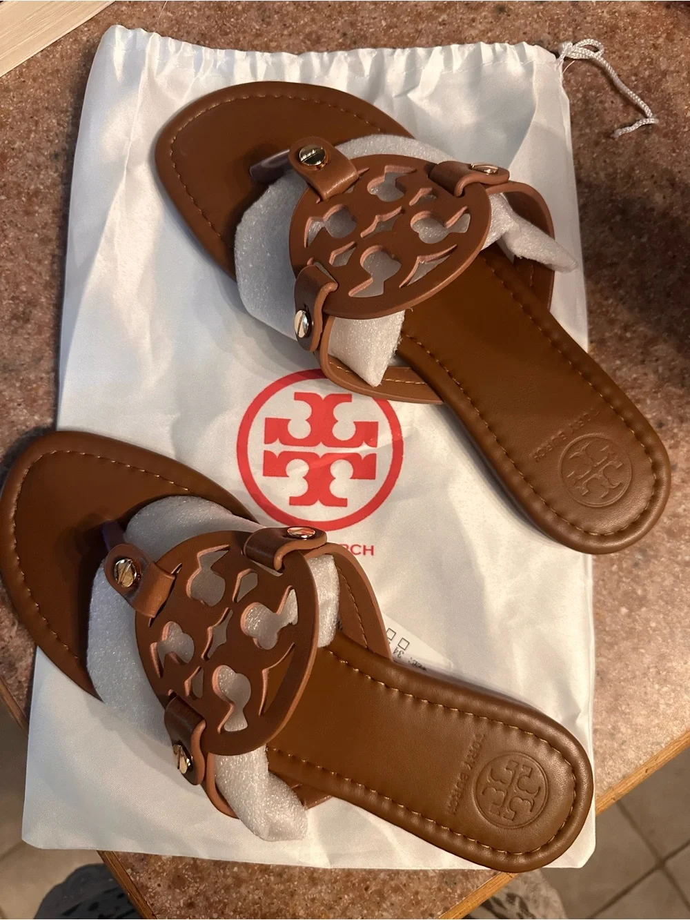 Women's Brown Logo Cutout Slide Sandals - Leather Slip-On